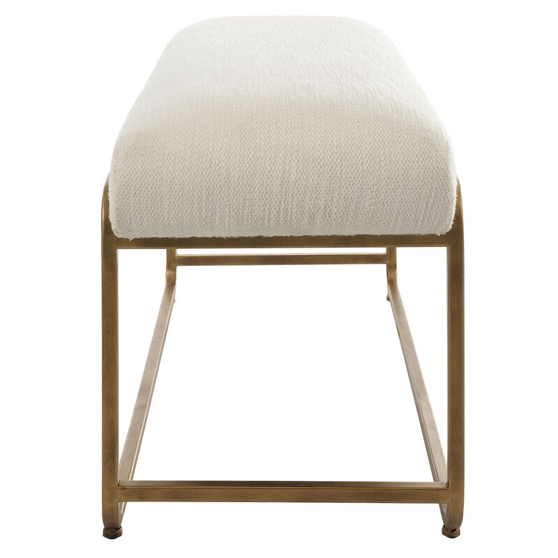 47 Inch Accent Stool, Cushioned, Antique Brushed Brass Frame, Off White - Benzara