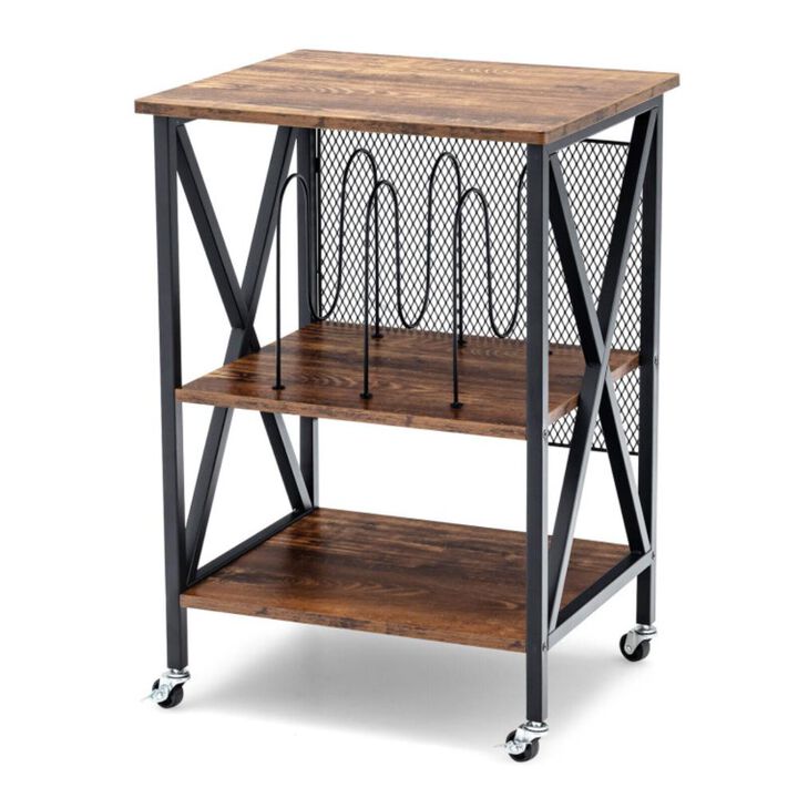 Hivvago 3 Tiers Vintage Style Rolling End Table with 3 Dividers for Albums-Brown