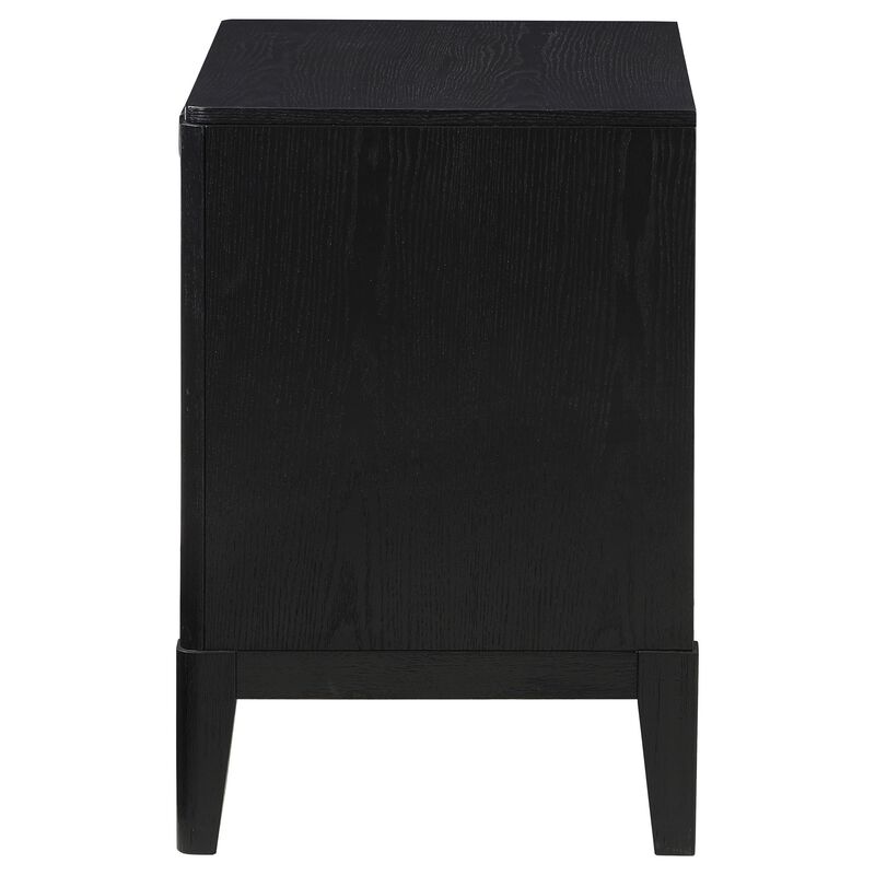 Jack Nightstand, 2 Drawers, Gold Metal Handles, Wire Brushed Black Wood - Benzara