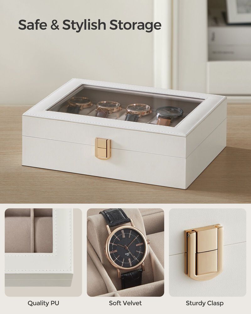 10-Slot Box with Glass Lid Jewelry Holder Case with Removable Pillow