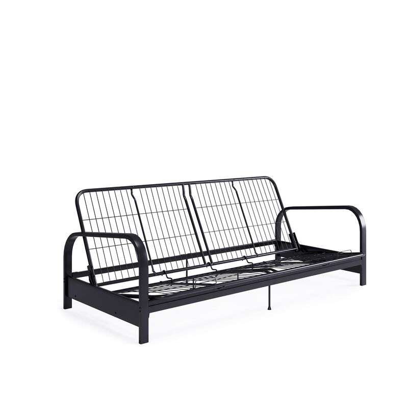 Karli Black Metal Arm Futon Frame with 6" Blue Mattress and extra Black Slipcover