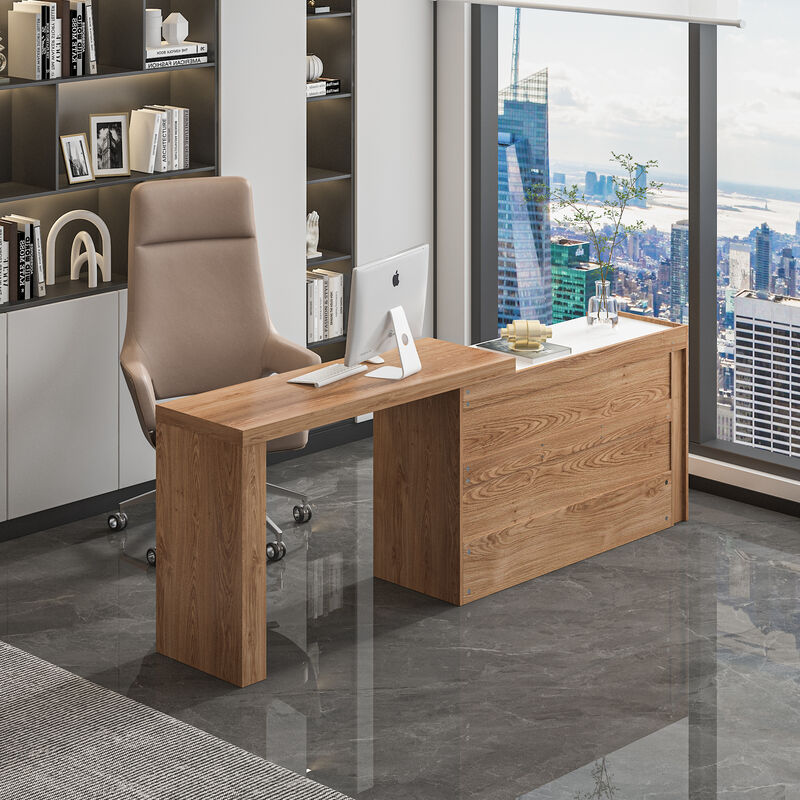 FUFU&GAGA Modern Office Desk with Ample Storage – Dimensions: 83.8” L x 15.7” W x 29.5” H – White and Brown