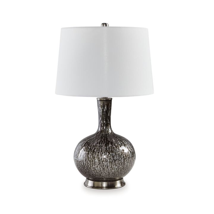 26 Inch Table Lamp, Tall Black Round Glass Base, White Drum Fabric Shade - Benzara