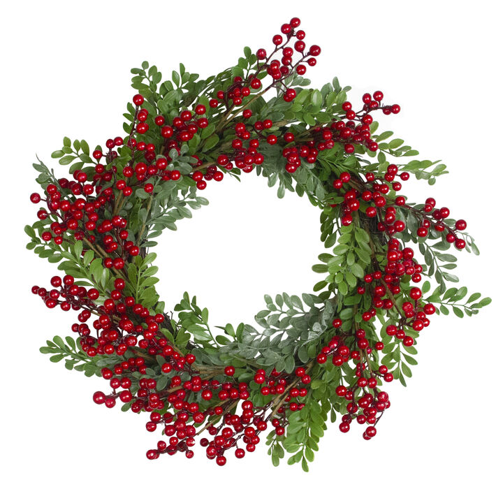 Red Berries and Two Tone Leaves Artificial Christmas Wreath - 20 inch  Unllit