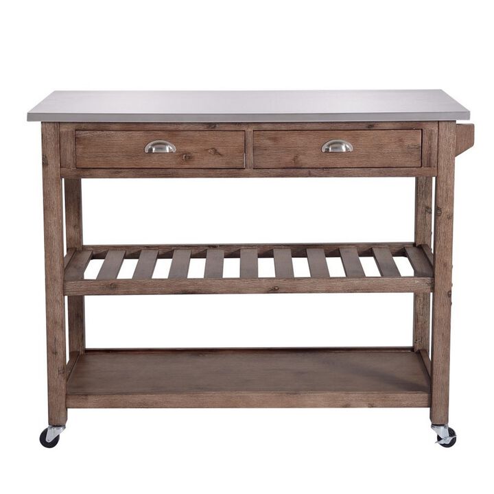 2 Drawers Wooden Kitchen Cart with Metal Top and Casters, Gray and Brown-Benzara