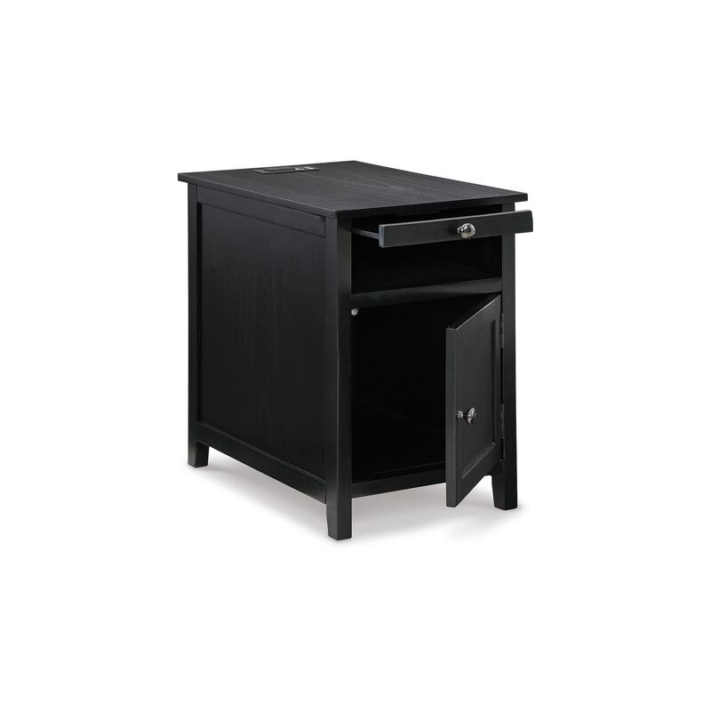 Gena Side End Table, Shelf and Pull Out Tray, Black Solid Wood 24 Inch - Benzara