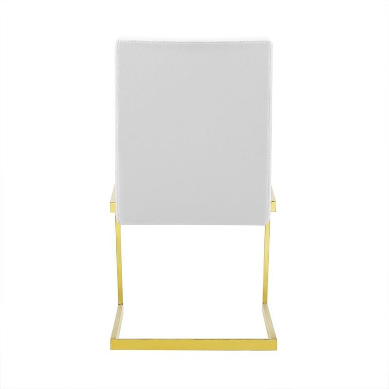 19 Inch Dining Chair, Set of 2, White Vegan Leather, Gold Cantilever Base-Benzara