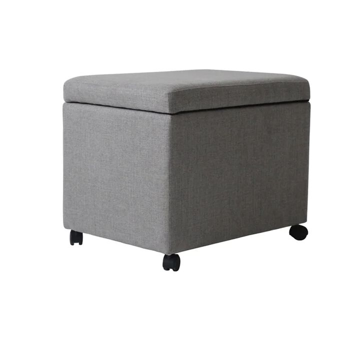 Storage Ottoman, Gray Fabric, Soft Cushions, Caster Wheels, 24 Inch - Benzara