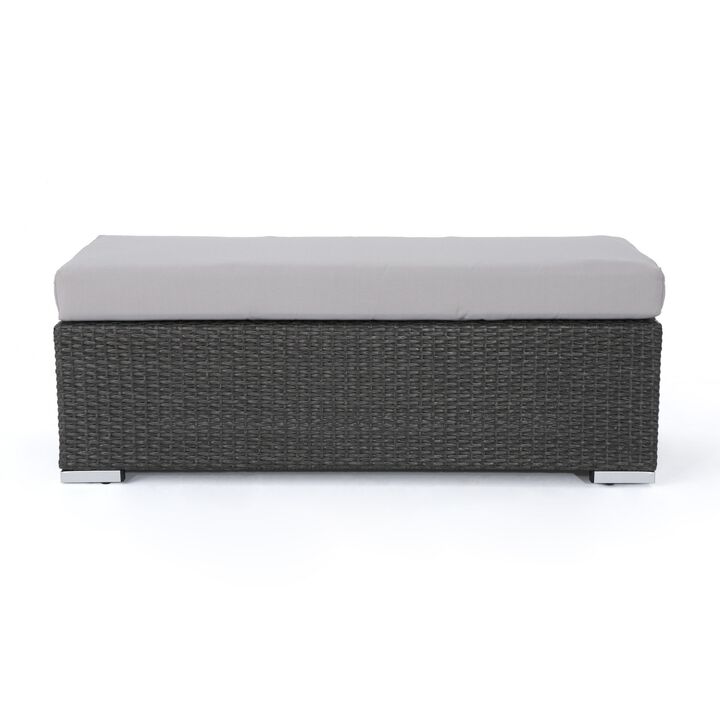 Sanie Outdoor Bench, 47 Inch, Gray Resin Wicker Weave, Silver Polyester
