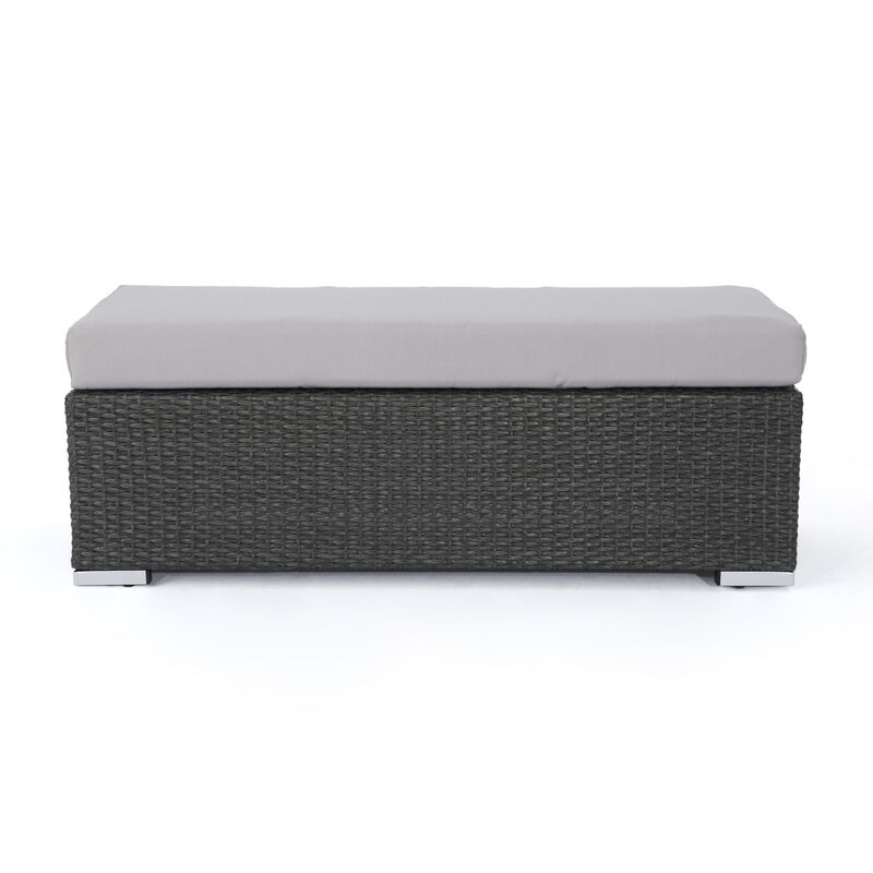 Sanie Outdoor Bench, 47 Inch, Gray Resin Wicker Weave, Silver Polyester