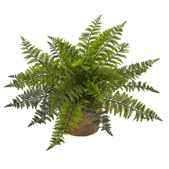Nearly Natural 15-in Ruffle Fern Bush w/Burlap Base (Set of 2)
