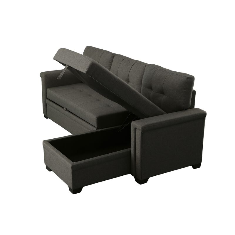 Ruben 84 Inch Reversible Sleeper Sectional Sofa, Storage Chaise, Dark Gray-Benzara
