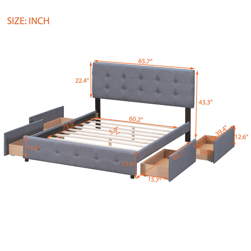 Streamdale Linen Platform Bed with Headboard & 4 Drawers