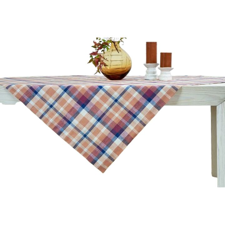 Solino Home 100% Pure Linen Table Throw 52 x 52 Inch | Fall Flavors Madras for Thanksgiving, Christmas