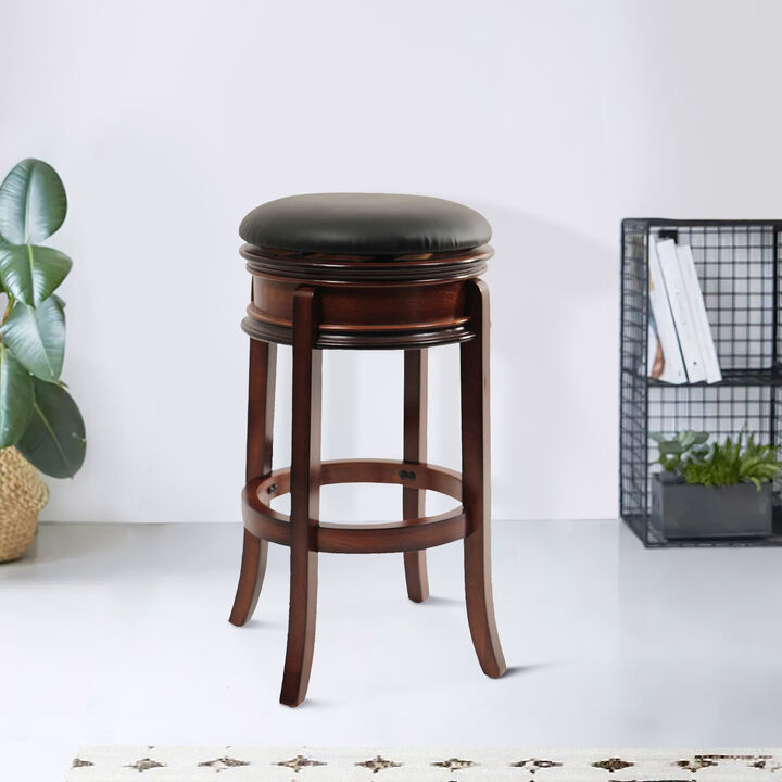 Sabi 29 inch Swivel Counter Stool, Solid Wood, Faux Leather, Brown, Black-Benzara