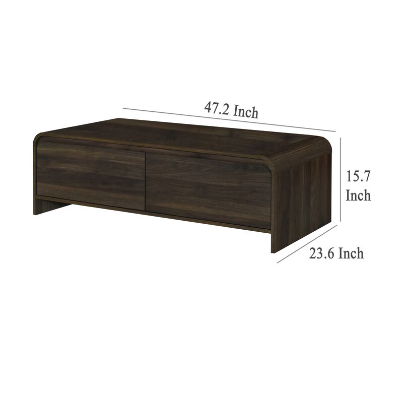 Maria Coffee Table, 2 Drawer and Waterfall Style, Brown Wood 47 Inch - Benzara