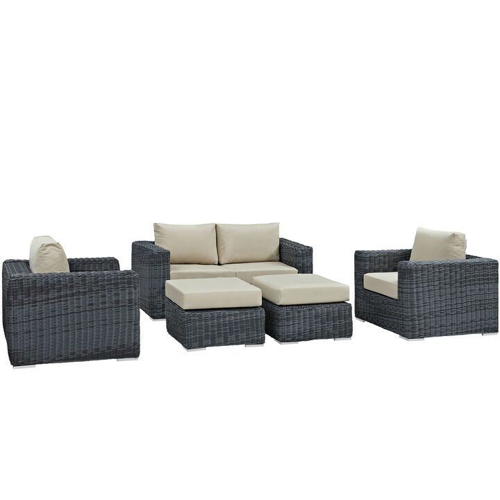 Summon 5 Piece Outdoor Patio Sunbrella Sectional Set - Canvas Antique Beige