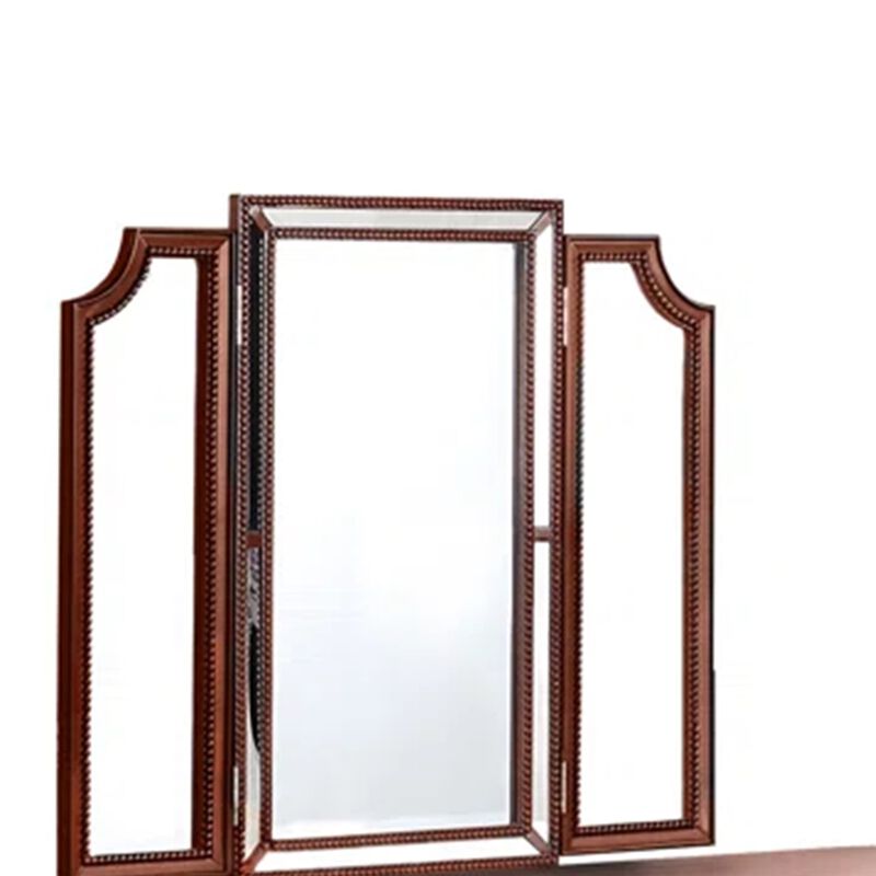 Thuy 60 Inch Vanity Desk Set, Upholstered Stool, Trifold Mirror, Brown-Benzara