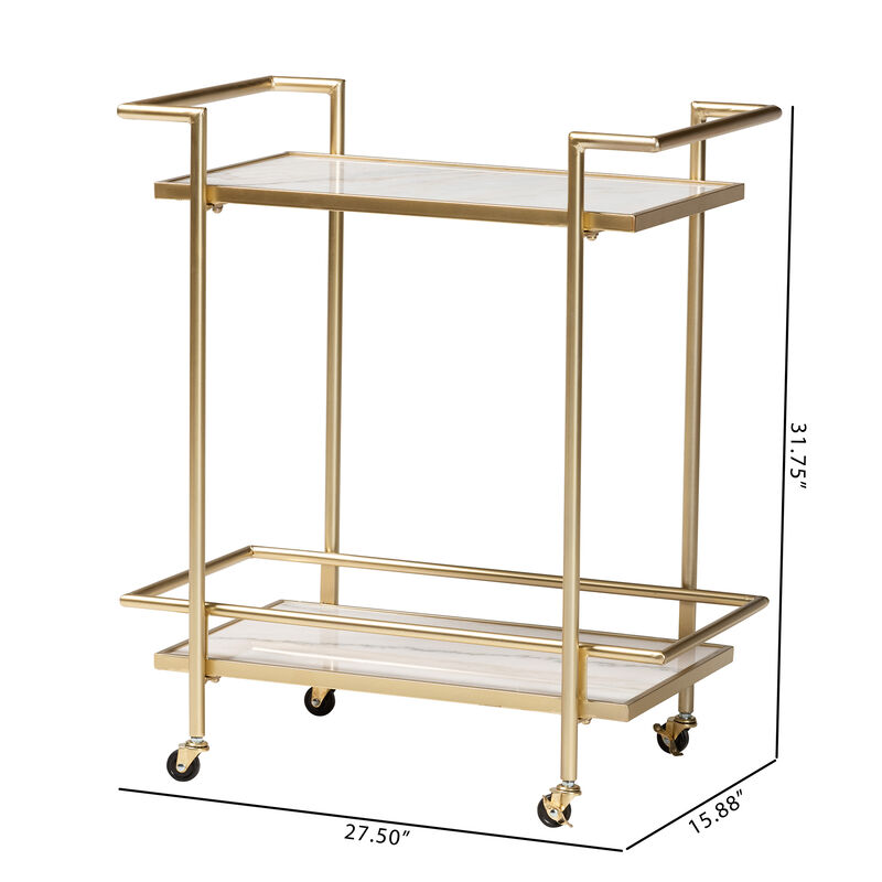 Baxton Studio Louise Contemporary Glam and Luxe Gold Metal and White Marble 2 Tier Wine Cart