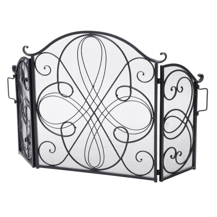 Fireplace Screen 57 Inch, 3 Panel Scrolled Mesh, Black Silver Iron - Benzara