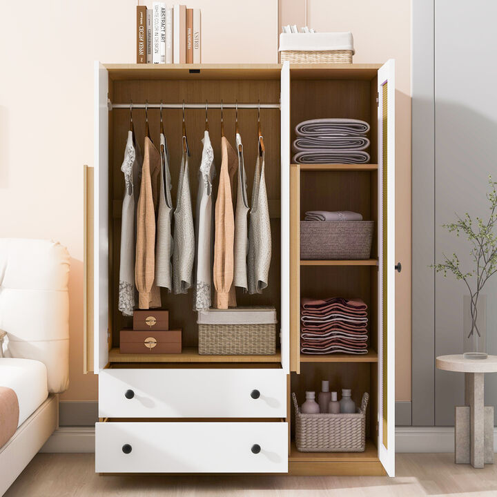 Merax 3-Doors Wooden Rattan Wardrobe with 2 Drawers