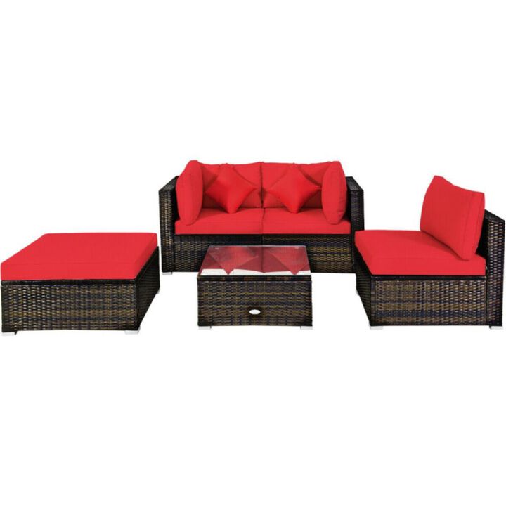 Hivvago 5 Pcs Outdoor Patio Rattan Furniture Set Sectional Conversation with Navy Cushions