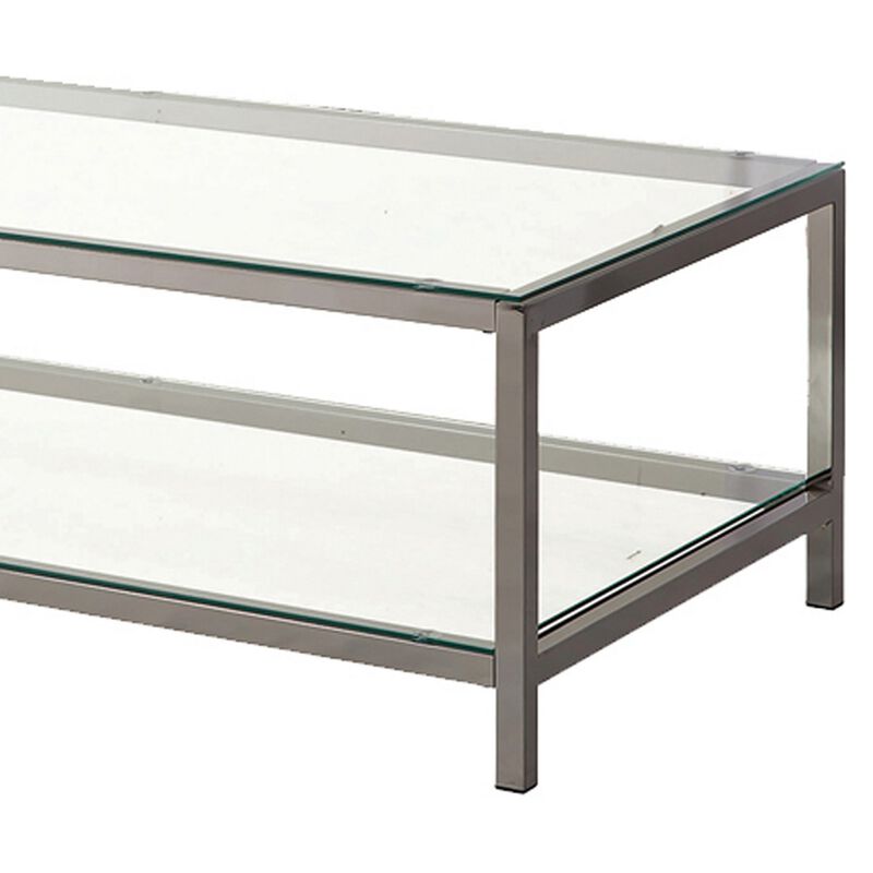 Glass Top Coffee Table with Metal Frame and Open Shelf, Silver-Benzara
