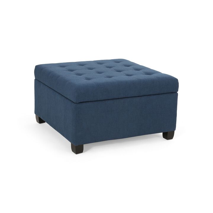 Cindy Ottoman, 31 Inch Square  w Storage, Birch Wood, Blue Polyester - Benzara