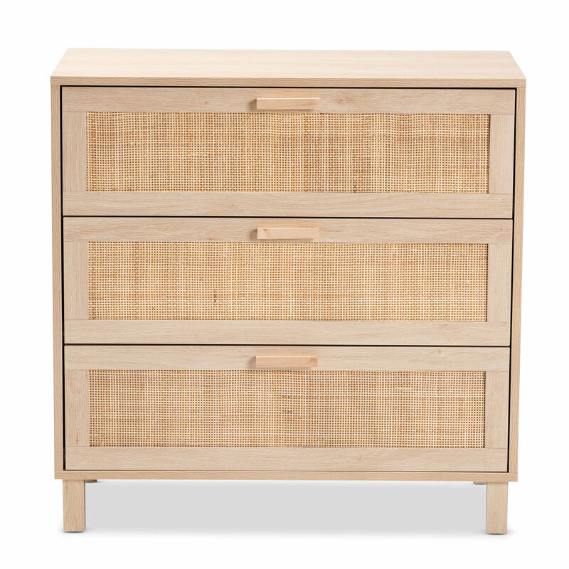 Baxton Studio Sebille Mid Century Light Brown Finished 3 Drawer Storage Rattan Cabinet