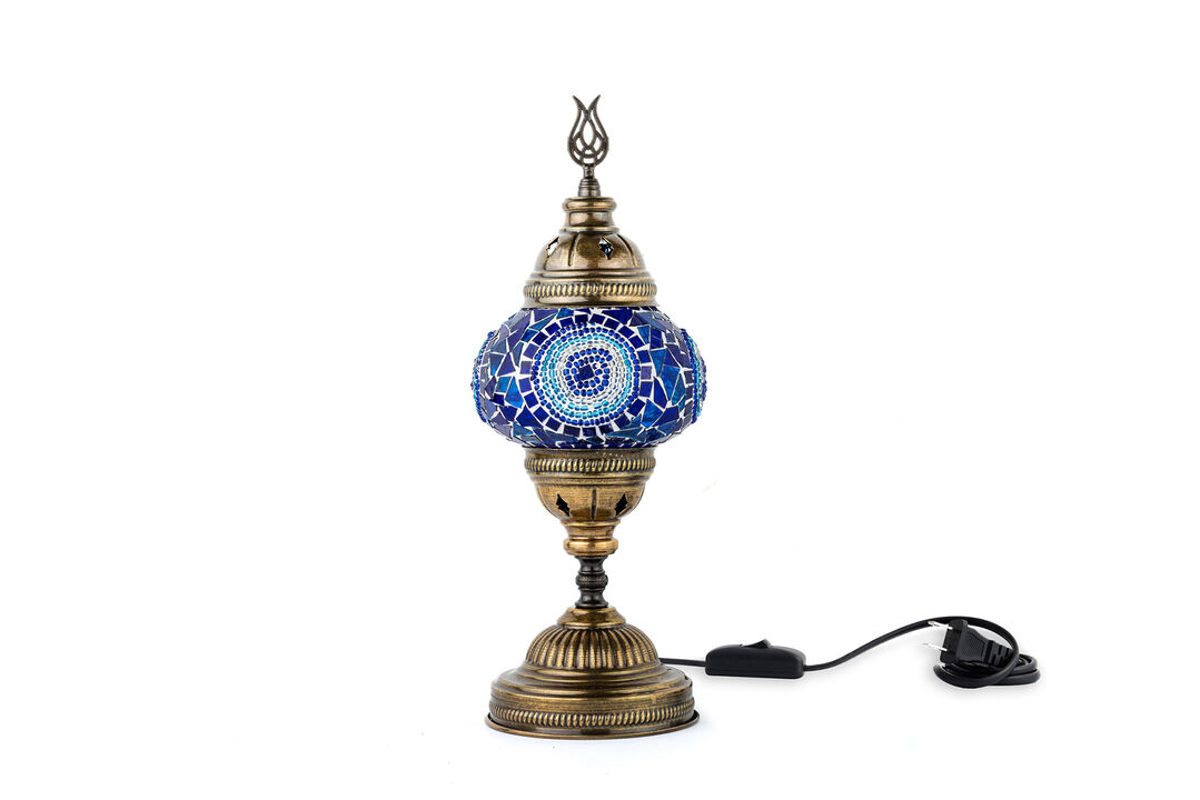 14.5 in. Handmade Blue Center Circle Mosaic Glass Table Lamp with Brass Color Metal Base