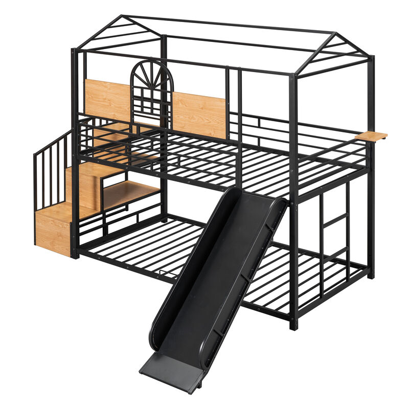 Merax Metal House Bunk Bed with Slide and Storage Stair