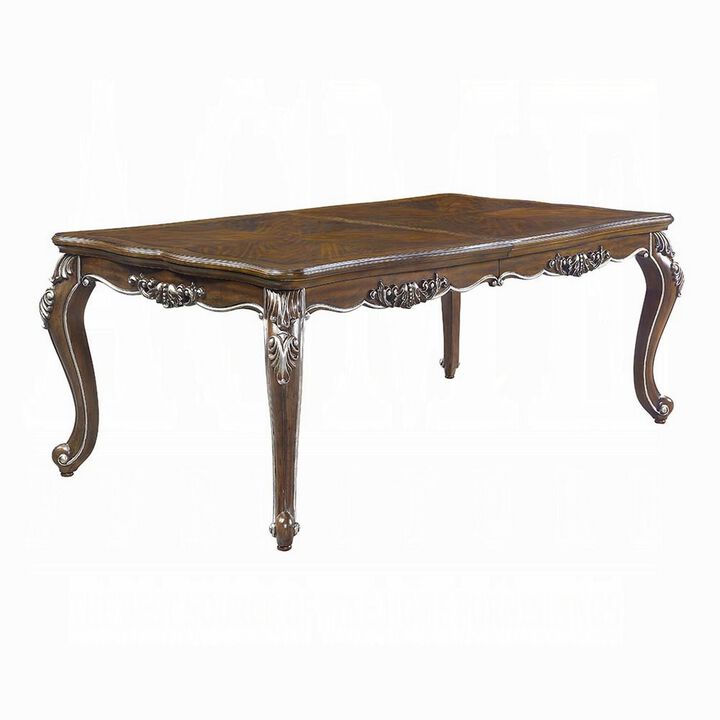 Maver Extending Dining Table, Silver Carved Antique Oak, 80-96 Inch - Benzara