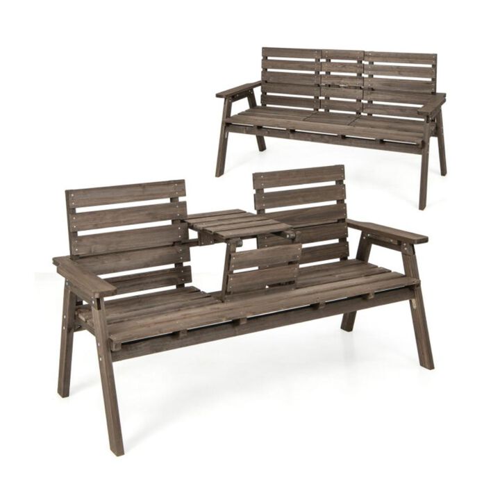 Hivvago Outdoor Fir Wood Bench with Foldable Middle Table-Gray
