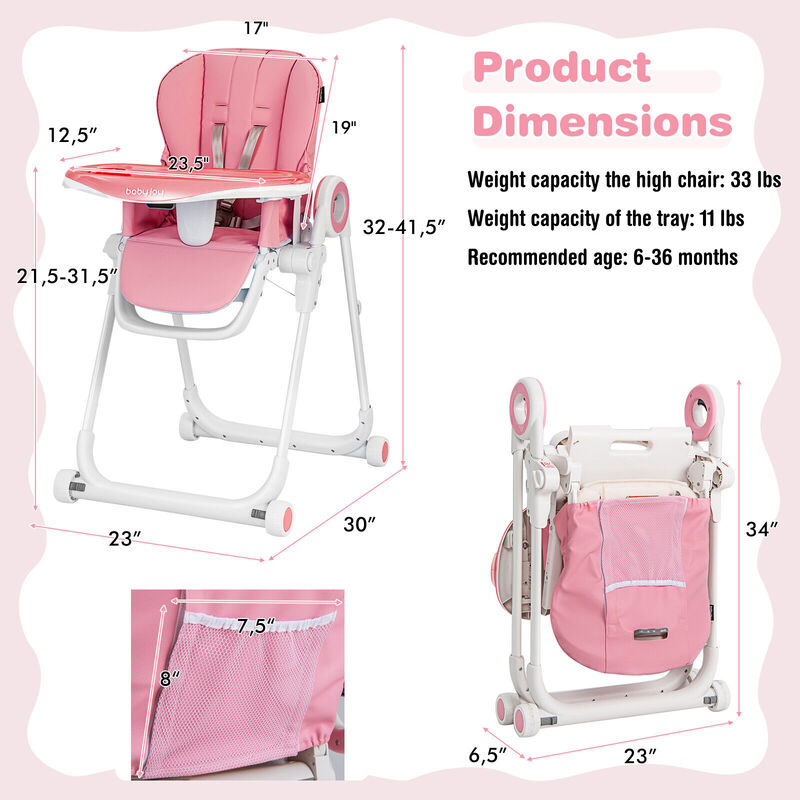 Baby High Chair Foldable Feeding Chair with 4 Lockable Wheels