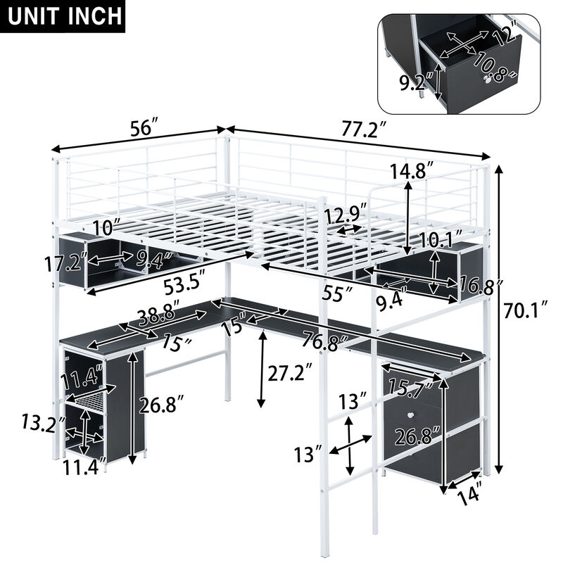 Merax Metal Loft Bed with Bookcase and Desk