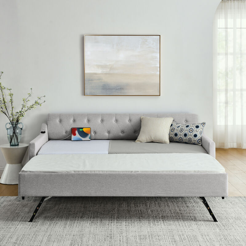 Twin Size Upholstery Day Bed With Twin Size Erectable Trundle And USB Charging Design, Linen Beige