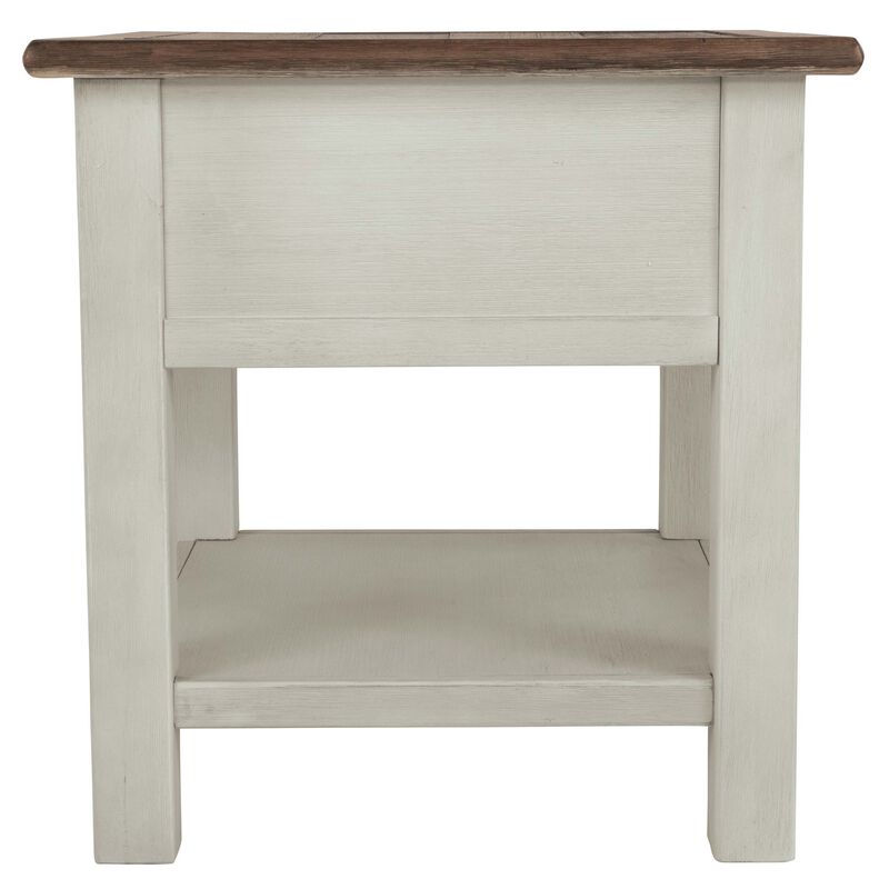 Chair Side End Table with 1 Cabinet and Pull Out Tray, White and Brown-Benzara