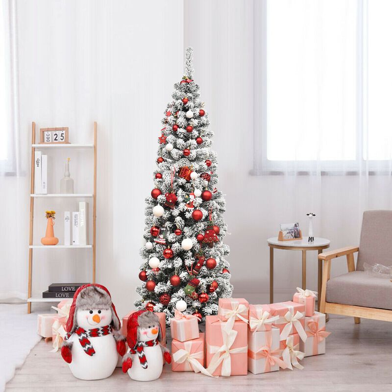 Pre-lit Snow Flocked Artificial Pencil Christmas Tree for Elegant, Space-Saving Holiday Decor with a Wintery Touch