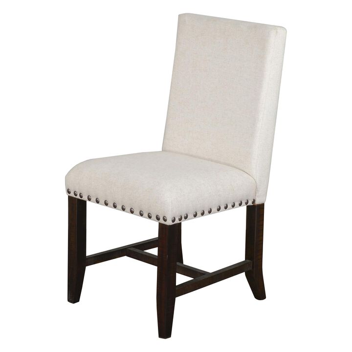 Anva Dining Chair Set of 2, Ivory, Nailhead Trim, Black Mahogany - Benzara
