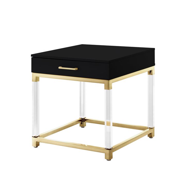 Inspired Home Kalel High Gloss 1 Drawer End Table with Acrylic Legs Stainless Steel Base