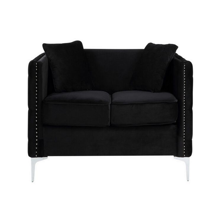 Zion 53 Inch Accent Loveseat, Handmade Nailhead Trim, Tufted, Black Velvet-Benzara