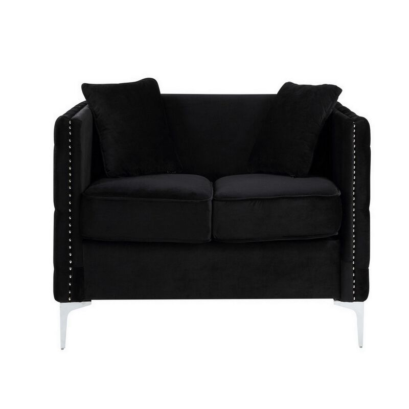 Zion 53 Inch Accent Loveseat, Handmade Nailhead Trim, Tufted, Black Velvet-Benzara