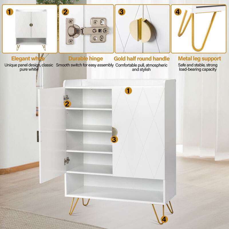 Double Door Shoe Cabinet with V-Cut Carved Panels & Top Baffle for Stylish Storage