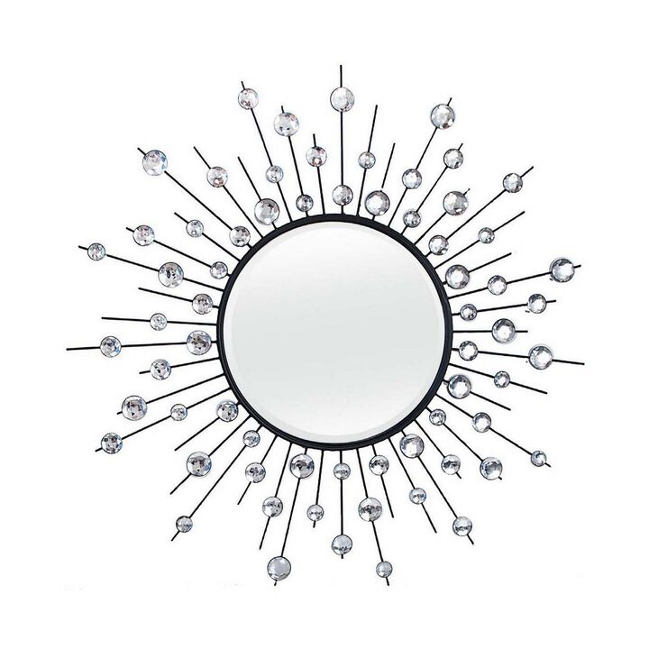32 Inch Wall Decor, Round Mirror, Sunburst Style, Metal, Black, Silver - Benzara