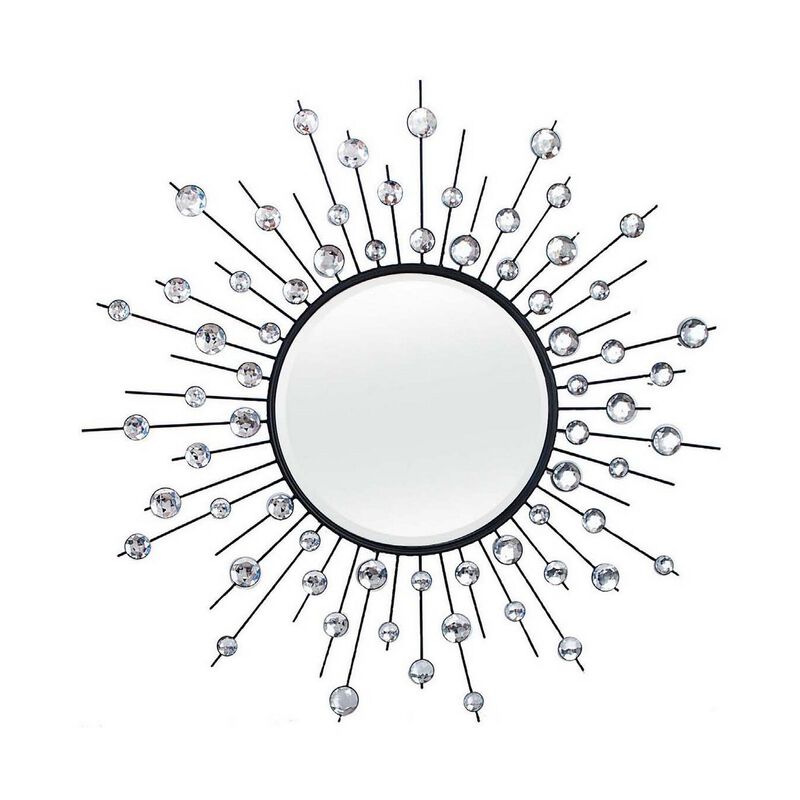 32 Inch Wall Decor, Round Mirror, Sunburst Style, Metal, Black, Silver - Benzara