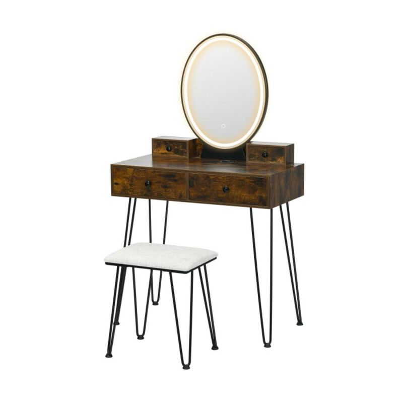 Hivvago Vanity Table Set with 3-Color Lighted Dimmable Mirror-Brown