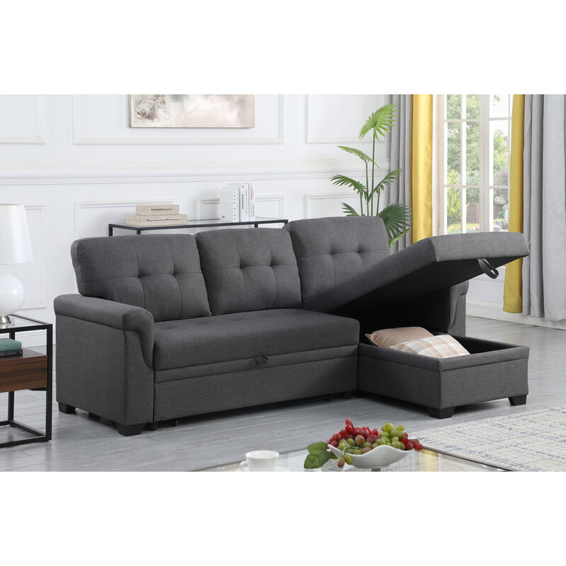 Lucca Dark Gray Linen Reversible Sleeper Sectional Sofa With Storage Chaise