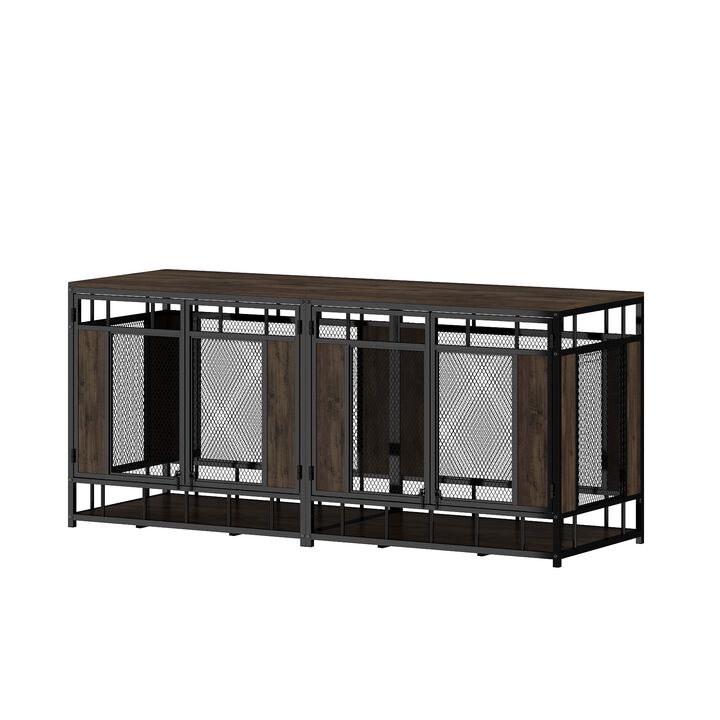 Dog House Large Pet Crate Furniture, Indoor Mesh and Wooden Dog Kennels for 2 Medium or Large Dogs, Walnut and Black
