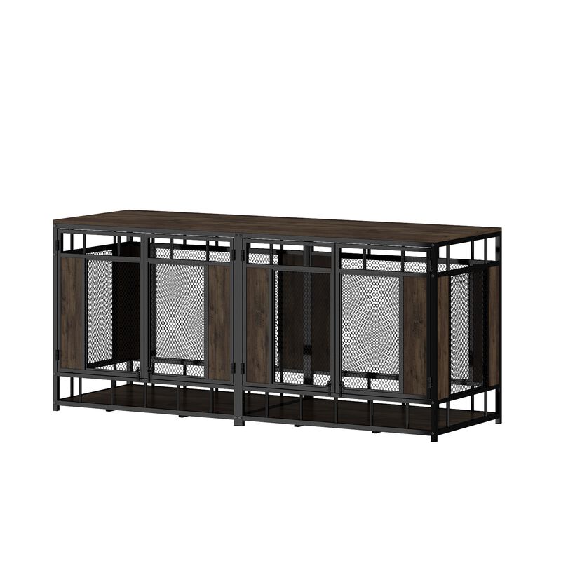 Dog House Large Pet Crate Furniture, Indoor Mesh and Wooden Dog Kennels for 2 Medium or Large Dogs, Walnut and Black