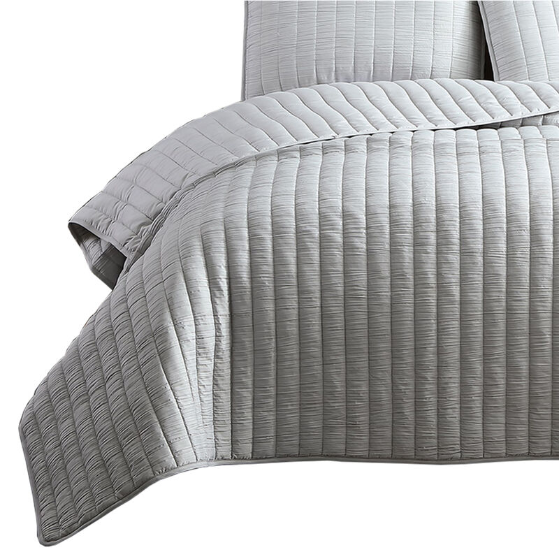 3 Piece Crinkle Queen Size Coverlet Set with Vertical Stitching,Light Gray-Benzara